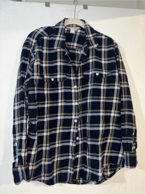 Old Navy- Navy Plaid Button-Down Flannel with White and Yellow Stripes